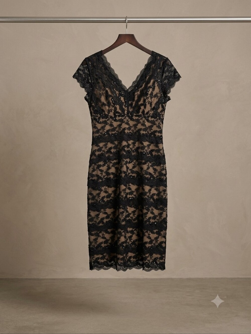 Nude-Lined Black Lace Midi Dress with V-Neck